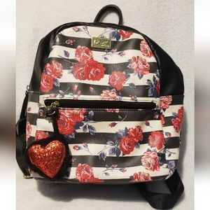 BETSEY JOHNSON Backpack Full-Size Floral Black/White Stripe